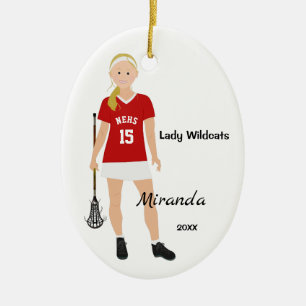 Décoration En Céramique Joueur féminin blond de lacrosse en rouge et blan