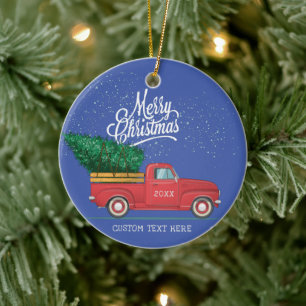 Décoration En Céramique Joyeux Camion Rouge vintage Noël Texte personnalis
