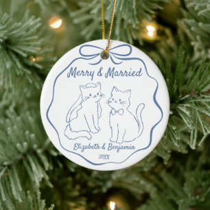 Décoration En Céramique Joyeux & Mariés 1er Noël Photo Dessinée à la Main