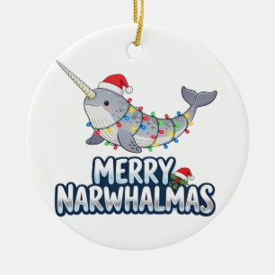 Décoration En Céramique Joyeux Narwhalmas portant un chapeau de Père Noël