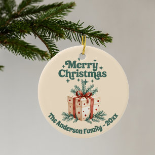 Décoration En Céramique Joyeux Noël beige roustâtre boîte cadeau vert