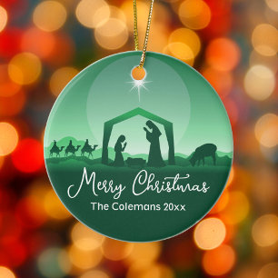 Décoration En Céramique Joyeux Noël Crèche Vert Religieux