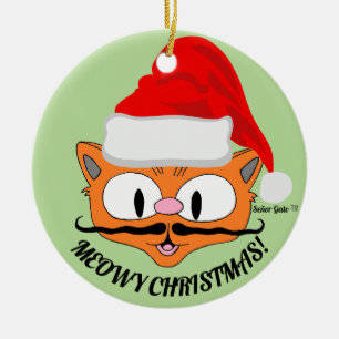 Décoration En Céramique "JOYEUX NOËL MEOWY" Moustachu Chat Mignon Décorati