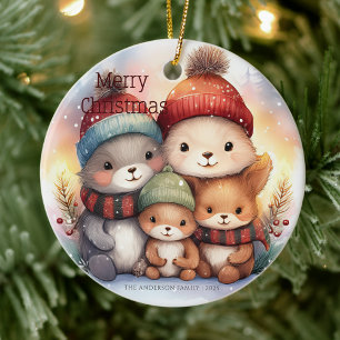 Décoration En Céramique Joyeux Noël Mignonne Famille d'Animaux de la Forêt