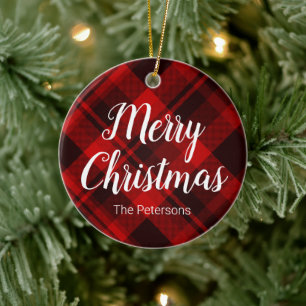 Décoration En Céramique Joyeux Noël Personnalisé Nom Rouge Noir Tartan P