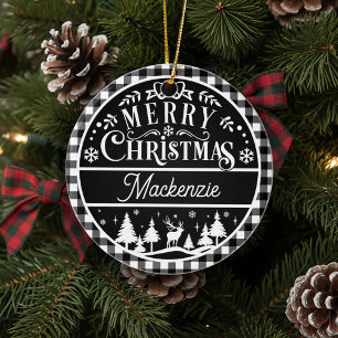 Décoration En Céramique Joyeux Noël rustique Noir & Blanc Plaid Personnali