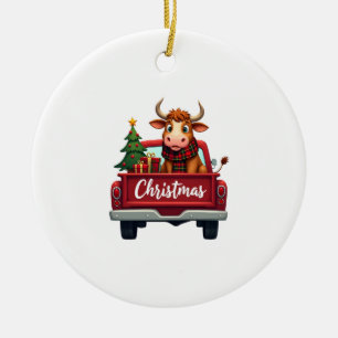 Décoration En Céramique Joyeux Noël Vache des Highlands Sapin de Noël Roug