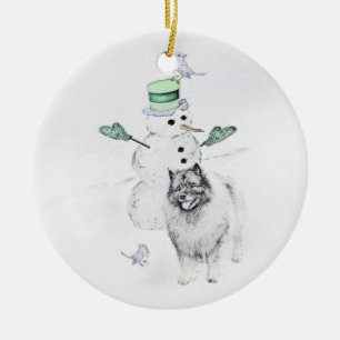 Décoration En Céramique Keeshond Noël Snowman Peinture Chien Art