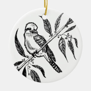 Décoration En Céramique Kookaburra noir et blanc sur dessin de branche