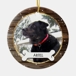 Décoration En Céramique La photo en bois rustique de chien de Noël d'or