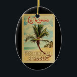 Décoration En Céramique La Romana Palm Tree Vintage voyage<br><div class="desc">Un imprimé d'art moderne et rétro unique de la République Dominicaine La Romana dans un style d'affiche de voyage vintage. Il dispose d'un palmier incurvé sur une plage de sable avec l'océan sous un ciel bleu nuageux.</div>