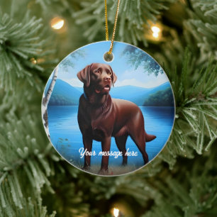 Décoration En Céramique Labrador chocolat et Blue Lake