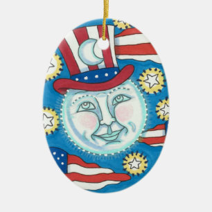 DÉCORATION EN CÉRAMIQUE L'AMÉRICANA FOLK ART PATRIOTIQUE HOMME DANS LA LUN