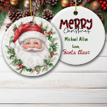 Décoration En Céramique L'amour du Noël du Père Noël<br><div class="desc">N'importe quel enfant adorerait cette adorable fête avec un message personnel du Père Noël ! Sur le devant se trouve un portrait classique du Vieux Elfe Jolly dans son casquette traditionnel rouge et blanc. Le portrait est encadré dans une couronne de fruits rouges et de saints, et un arrière -...</div>