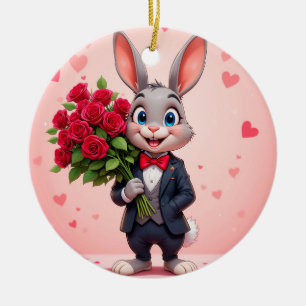 Décoration En Céramique Lapin de dessin animé charmant tenant des roses