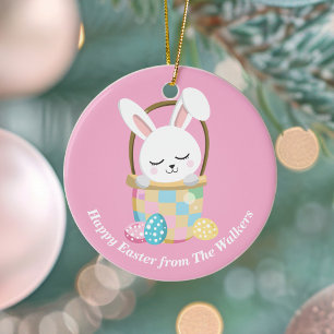 Décoration En Céramique Lapin de Pâques rose personnalisé joyeux
