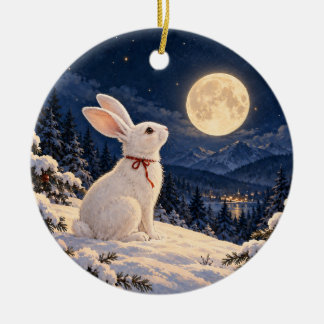 Décoration En Céramique Lapin d'hiver au clair de lune dans une forêt enne