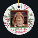 Décoration En Céramique Lapin lapin animal de compagnie photo de Noël Père<br><div class="desc">Célébrez votre lapin lapin animal de compagnie spécial avec un ornement personnalisé amusant! L'avant de l'ornement est mon oeuvre de Père Noël distribuant des cadeaux à des lapins lapins mignon de toutes tailles et couleurs, et il dit en rouge, "Vacances Hoppy, Tout le monde !" Sur le revers décoré de...</div>