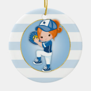 Décoration En Céramique Le base-ball roux de bleu de filles