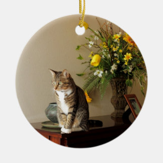 Décoration En Céramique Le chat tigré noir Brown se reposant sur le piano