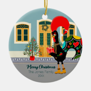 Décoration En Céramique Le coq portugais avec un cadeau de Noël