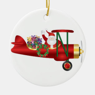 Décoration En Céramique Le père noël ondulant sur le biplan avec