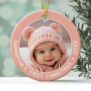 Décoration En Céramique Le premier Noël de bébé - Fille rose corail simple