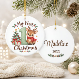 Décoration En Céramique Le premier Noël de bébé Renne Vert Sauge