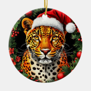Décoration En Céramique Léopard de fête portant un chapeau de Père Noël