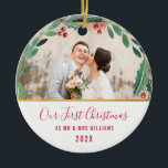 Décoration En Céramique Les jeunes mariés pour le premier Noël<br><div class="desc">Serment d'hiver avec feuillage et baies rouges. Les images peuvent être personnalisées et modifiées pour la taille,  le placement et le texte et les couleurs.</div>