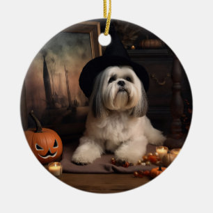 Décoration En Céramique Lhasa Apso Citrouilles Halloween Épouvantable