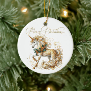 Décoration En Céramique Licorne de Noël élégante blanche et or