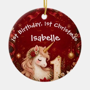 Décoration En Céramique Licorne de Noël Florale Rouge 1er Anniversaire