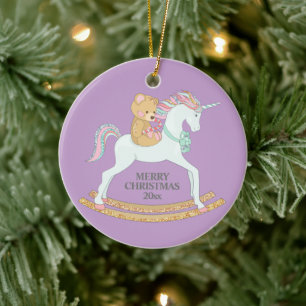 Décoration En Céramique Licorne de Noël pastel sur cheval à bascule violet