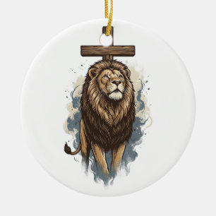 Décoration En Céramique Lion chrétien et croix vintage