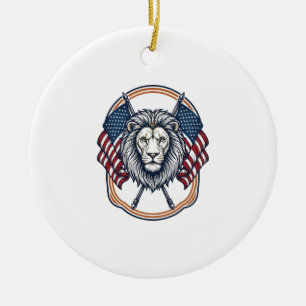 Décoration En Céramique Lion Patriotique avec Drapeaux Américains Vintage
