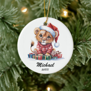 Décoration En Céramique Lionceau de Noël personnalisé avec chapeau de Père