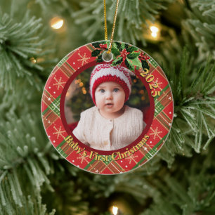 Décoration En Céramique Lit rouge Première photo de Noël du bébé