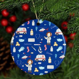Décoration En Céramique Little Girl Doctor Medical Pattern with Name, Blue