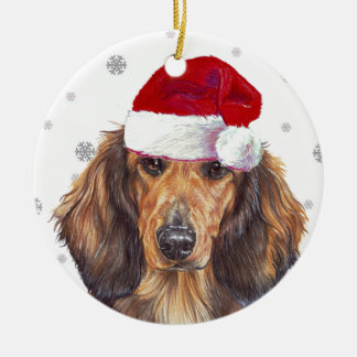 Décoration En Céramique Long Haired Dachshund - Bauble de Noël du Père Noë