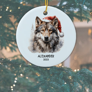 Décoration En Céramique Loup gris Rouge Blanc Chapeau de Père Noël Personn