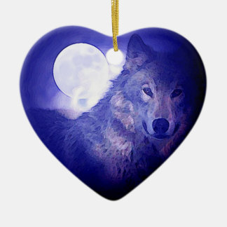 Décoration En Céramique Loup, Lune et Nuit Bleue
