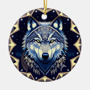 Décoration En Céramique Loup Majestueux Sous un Ciel Étoilé