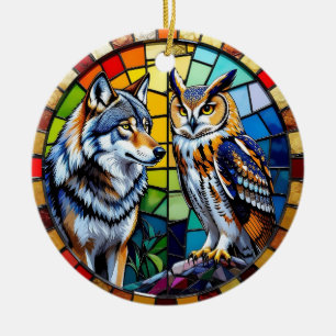 Décoration En Céramique Loup mosaïque et hibou  Art Noël personnalisé
