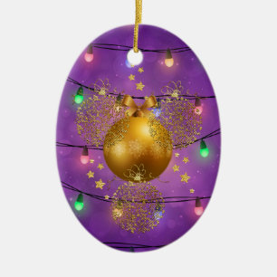Décoration En Céramique Lumières de Noël colorées et boules d'ornement dor