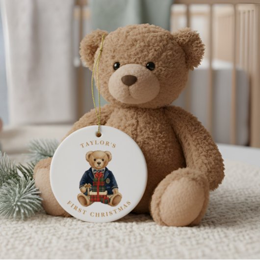 Décoration En Céramique Luxe Preppy Plaid Teddy Bear | 1st Christmas