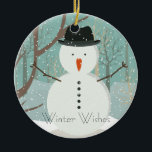 Décoration En Céramique M. Winter Souhaite Snowman Ornament Round<br><div class="desc">Laisse-le neiger ! Laisse-le neiger ! Laisse-le neiger ! M. Snowman avec chapeau et nez de carotte adore la neige. Jolie silhouette arrière - plan et brune. Belle image hivernale. Personnalisez en changeant le texte. Image vectorielle de M. Winter Snowman étendue de la licence de Fotolia.com - © grgroup -...</div>