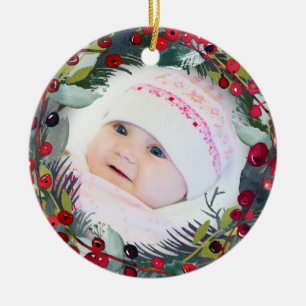 Décoration En Céramique Ma 1ère photo de bébé de Noël Holly Wreath