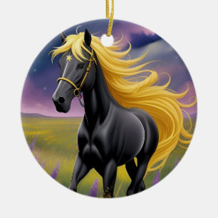 Décoration En Céramique Magnifique cheval noir à la crinière dorée ondoyan