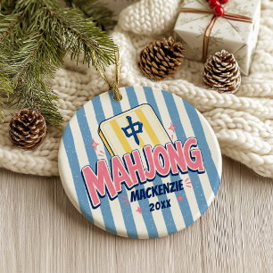 Décoration En Céramique Mahjong rayures bleues de Noël